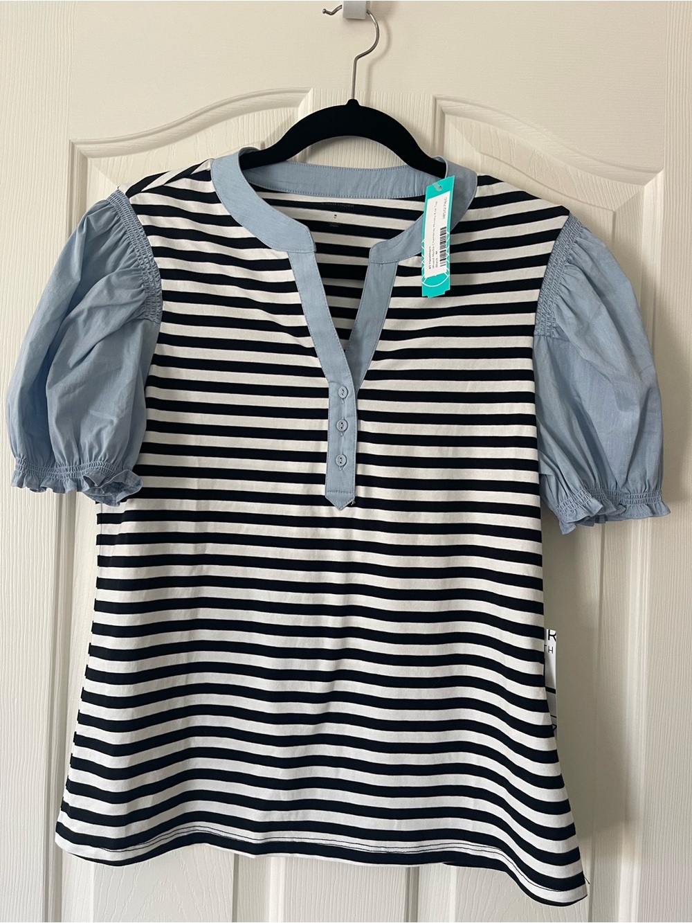 NWT 41 Hawthorn Black and White Striped Chambray Puff Sleeve Henley Top